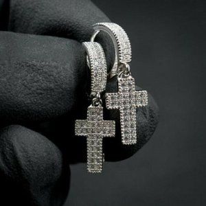 New Men 925 Sterling Silver Diamond Cross Earrings